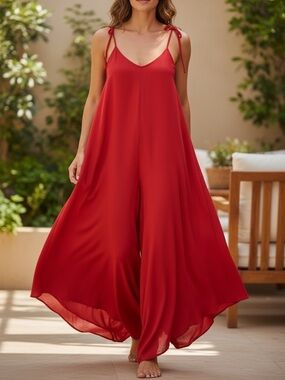 [M-Based Measurements]Ivy Street Red Tie-Strap Wide-Leg Jumpsuit